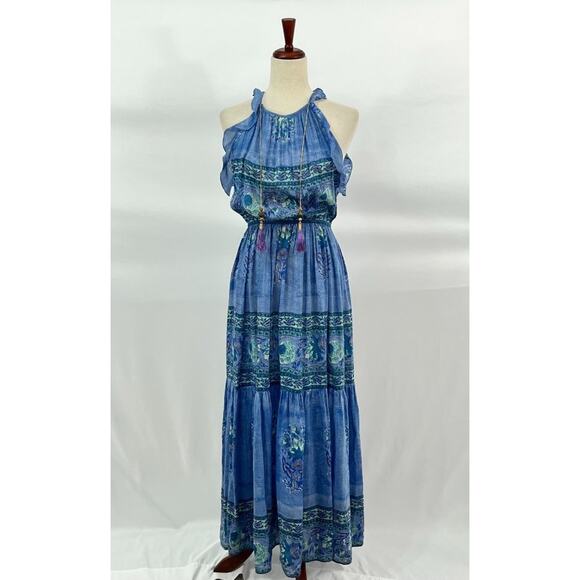 BELL by ALICIA BELL Sz XS Blue Print Ruffled Armhole Tasseled Maxi Dress - Picture 5 of 10